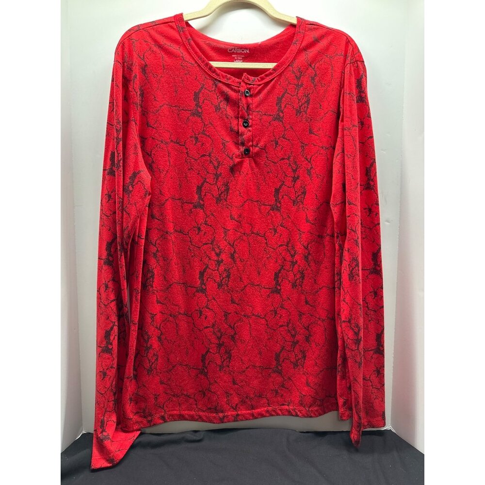 Mens Carbon Red & Black Marble Print Long Sleeve Henley Shirt Size L